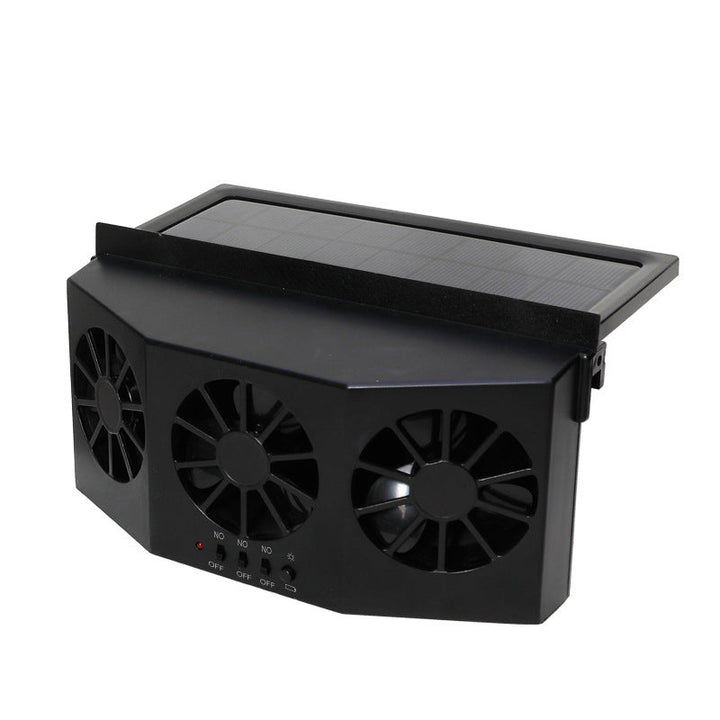 "Soldriven avgasfläkt för fordon, portabel, solcellsdriven, svart och vit design, effektiv ventilation och kylning."