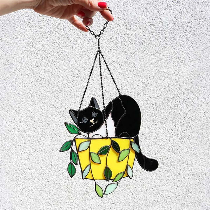 "Solfångare glasfönsterhängare med katt i blomkruka, levande färger, för trädgårdsdekoration och soligt fönster"