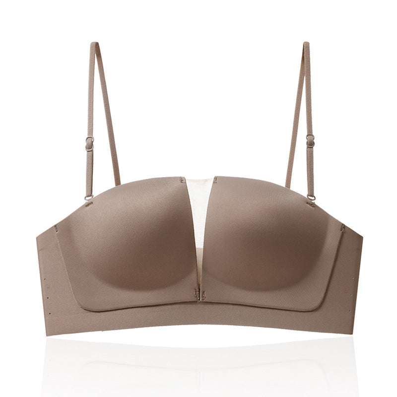 "Sömlös bh i beige med 3D-lyft, halkfri funktion, formande design. Bekväm och stilren med avancerad teknologi."