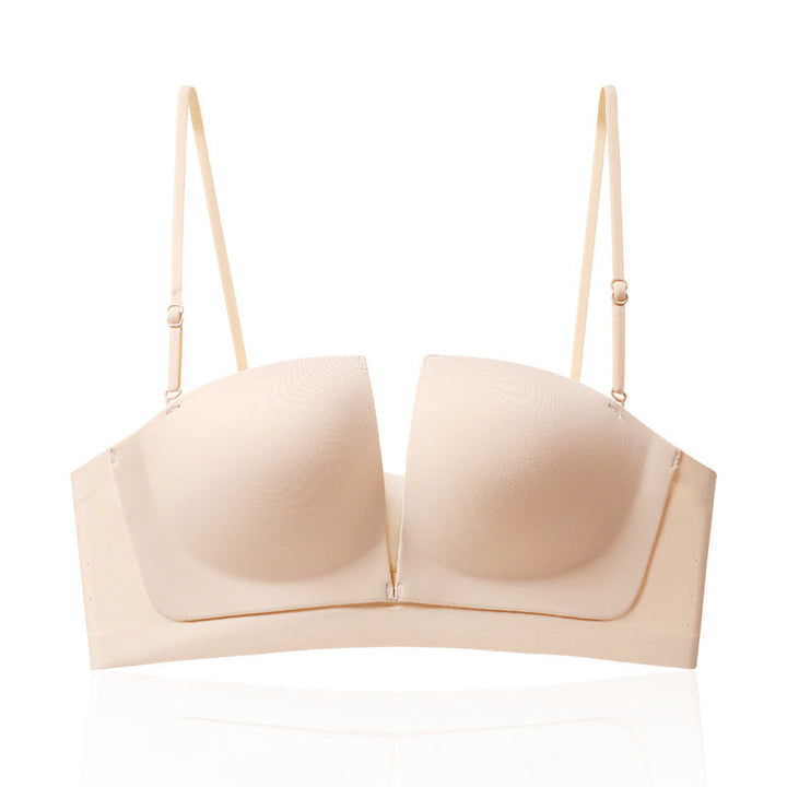"Sömlös bh i beige med 3D-lyft, halkfri funktion, formande design. Bekväm och stilren med avancerad teknologi."