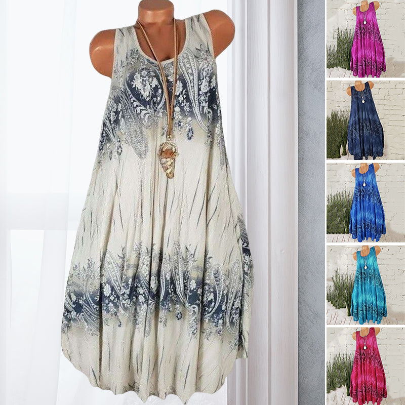 Bohemisk sommarklänning för kvinnor, ärmlös design, bekvämt lätt material, perfekt för sommardagar.
