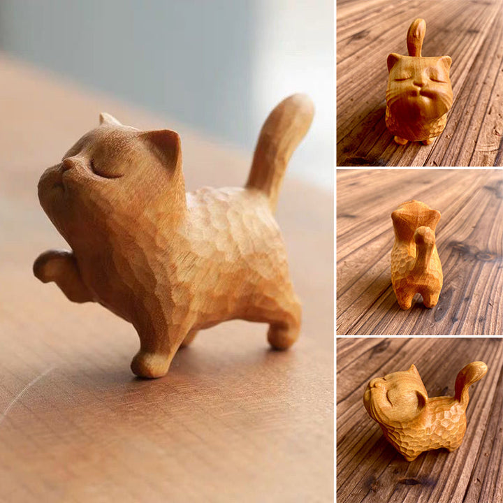 "Söt handgjord träkatt skulptur 5cm, elegant linjer, detaljarbete i buxbom, perfekt dekorationsaccessoar."