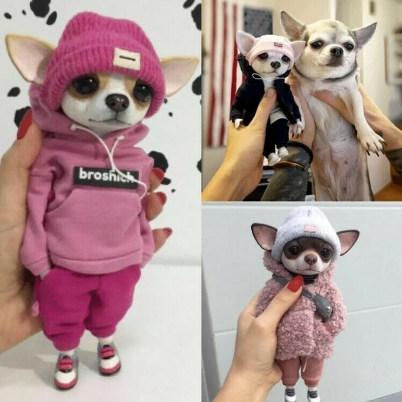 "Söt harts djurskulptur av hundraser som chihuahua och mops, detaljerad i modekläder, perfekt som hemaccessoar."