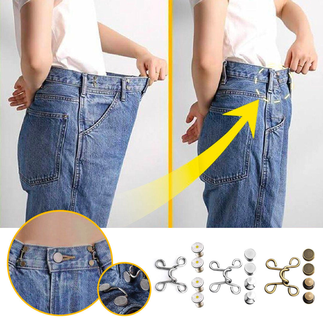 "Spikfri midjespänne för byxor i metall, blomma/silver/brons, justerbart och elegant design, passar jeans och kjolar."