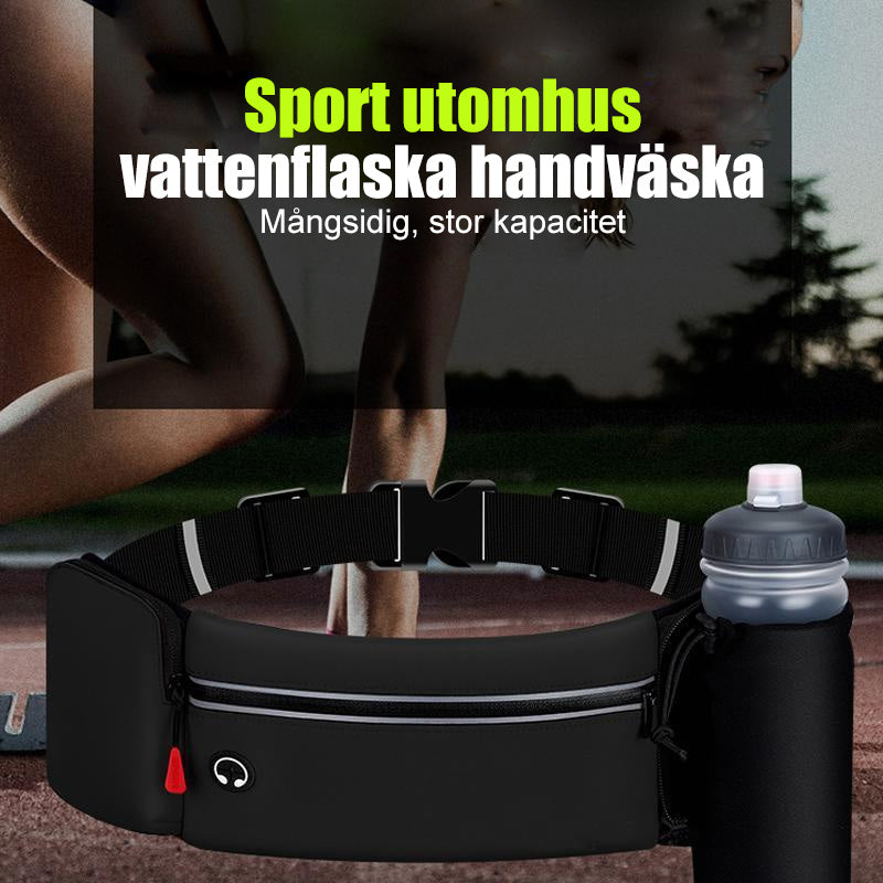 Sportig orange midjeväska med justerbart bälte och vattenflaska, idealisk för löpning och friluftsaktiviteter.