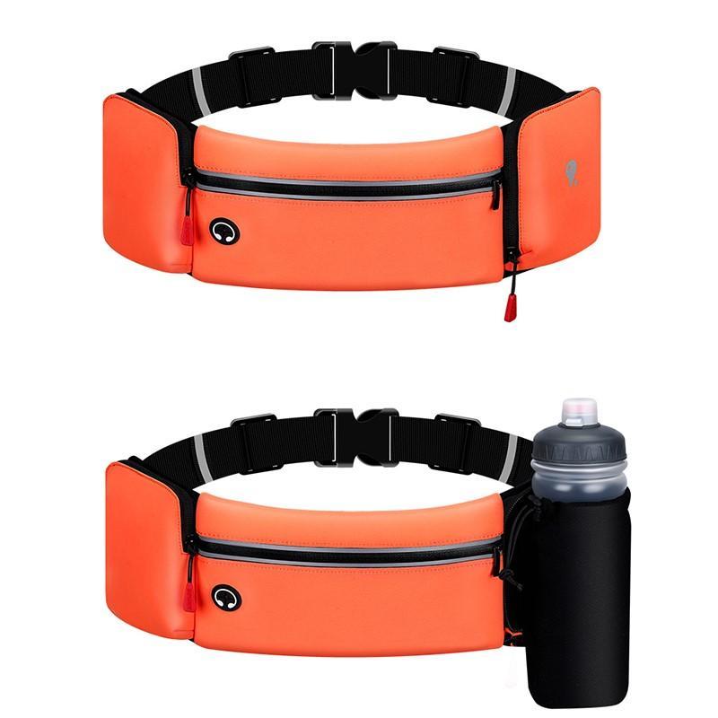 Sportig orange midjeväska med justerbart bälte och vattenflaska, idealisk för löpning och friluftsaktiviteter.