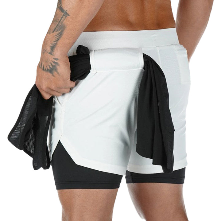 "Sportiga herrshorts 2-i-1 i kamouflage med fickor, polyester-bomullstyg, gröna nyanser, perfekt för träning och fritid."