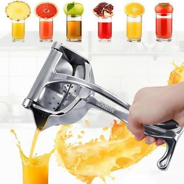 Manuell saftpress i rostfritt stål som pressar apelsinsaft