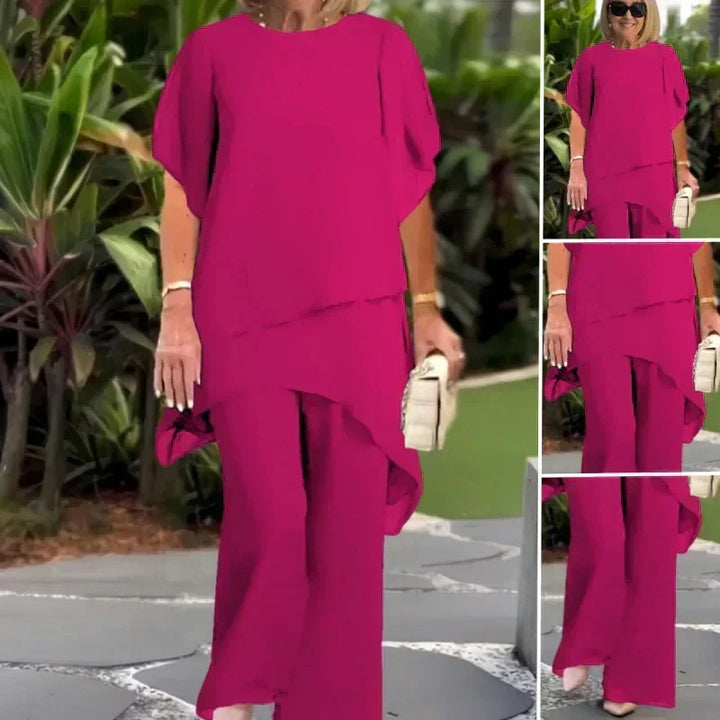 Exklusivt dammode: draperat set med palazzo byxor för fest och vardag