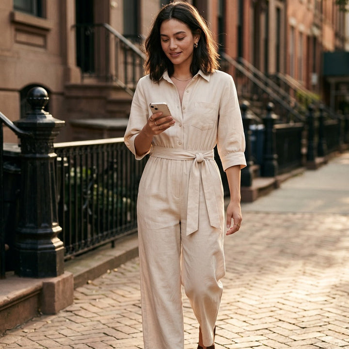 Detaljbild på knytskärp till elegant damjumpsuit i stilren design