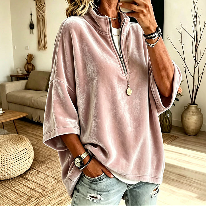 Elegant loungewear-tröja i beiget welur med hög krage