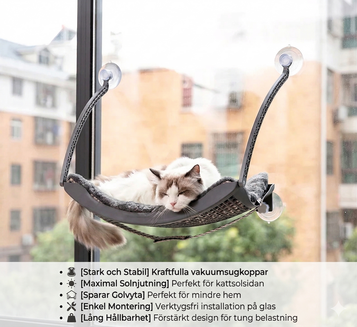 Stabil fönsterhängmatta för katter, perfekt solplats och bekväm viloplats. Ger katten komfort med panoramautsikt.