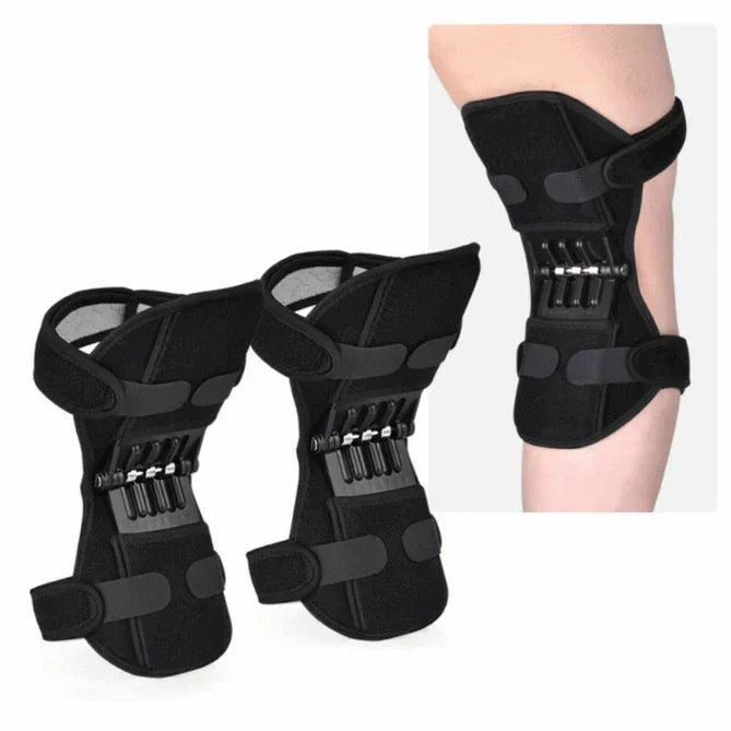 Två stycken stabiliserande knäskydd med fjäderstöd samt användningsexempel