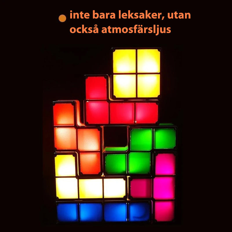 "Stapelbar LED nattlampa i 7 färger, Tetris-liknande design. Färgglada block för lekfull inredning på bord och hylla."