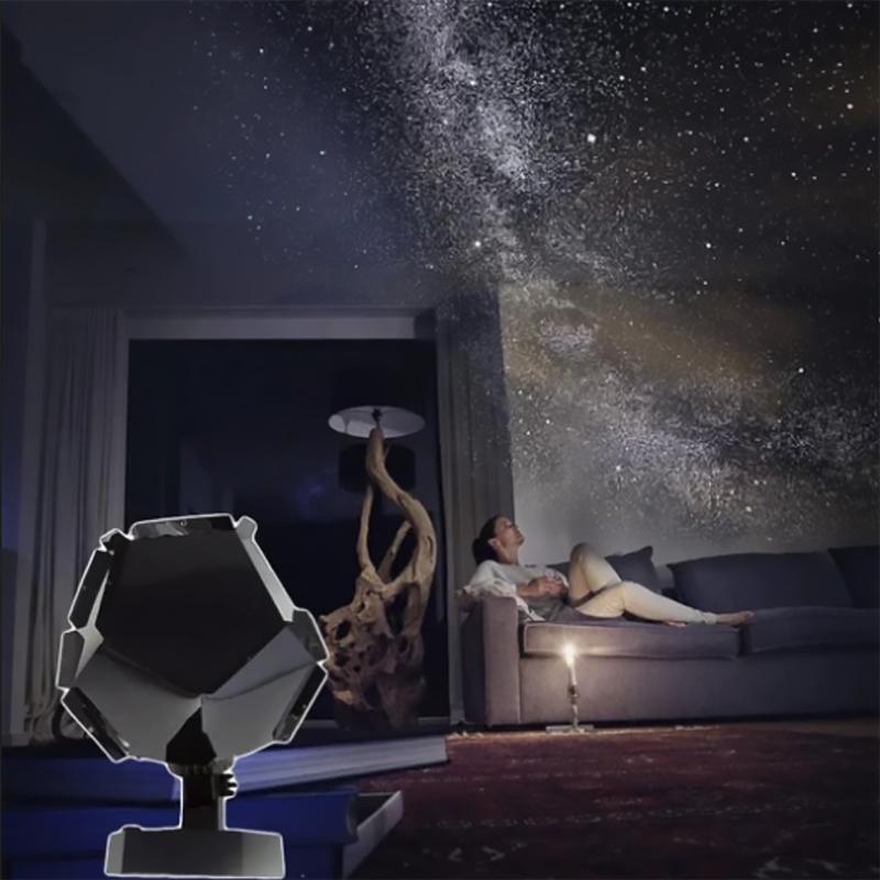 "Star projektorlampa nattljus med mångfärgseffekter, stjärnor projicerade på taket i blått och gult ljus."