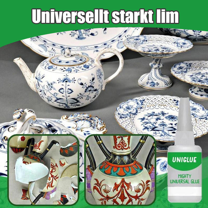 "Starkt universal lim med snabb torktid, tydlig tub-design, precisionstips för exakt applicering på alla material."