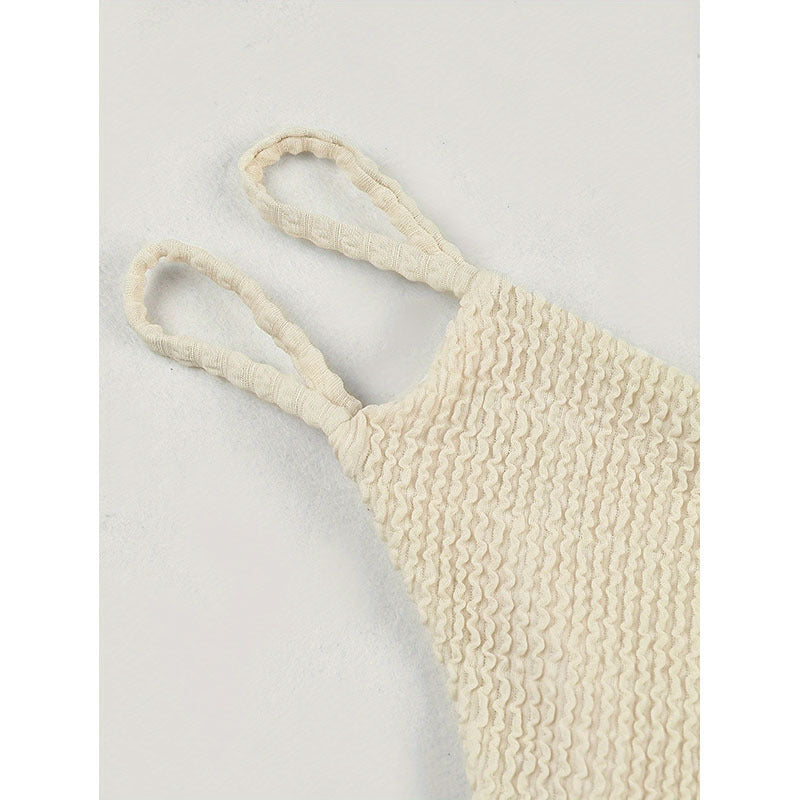 Justerbar överdel med rynkning på crème stickad dambikini. Trendiga badkläder för en elegant strandlook.