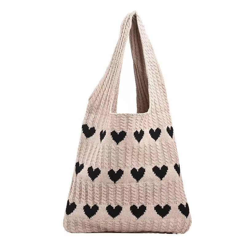 "Stickad kärlek tygkasse i vintage Hobo-stil för damer, beige färg, mjukt akrylfiber och polyester, trendig accessoar."