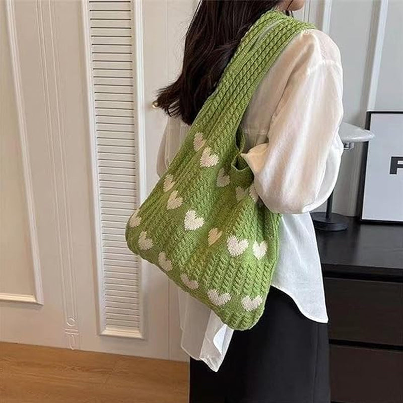 "Stickad kärlek tygkasse i vintage Hobo-stil för damer, beige färg, mjukt akrylfiber och polyester, trendig accessoar."
