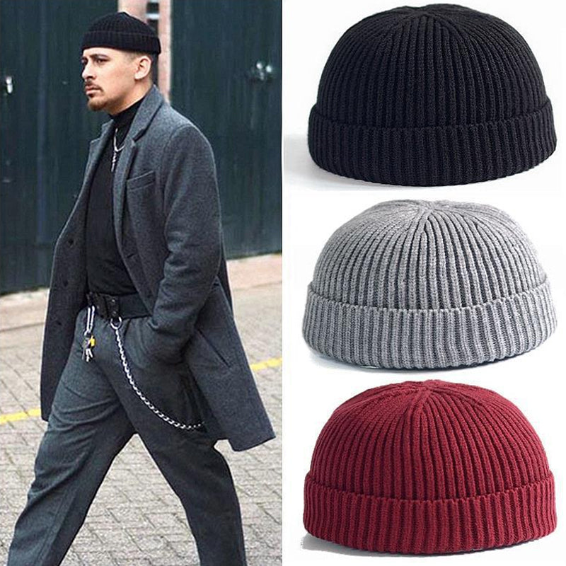 Värmande stickad mössa för män, kupolform, rullad kant, flera färgalternativ, perfekt för höst och vinter, snygg design.