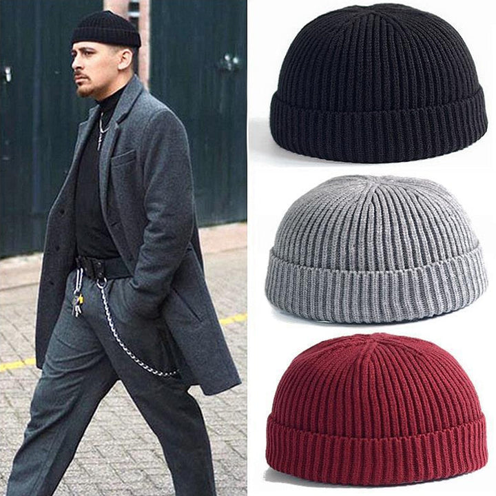 Värmande stickad mössa för män, kupolform, rullad kant, flera färgalternativ, perfekt för höst och vinter, snygg design.