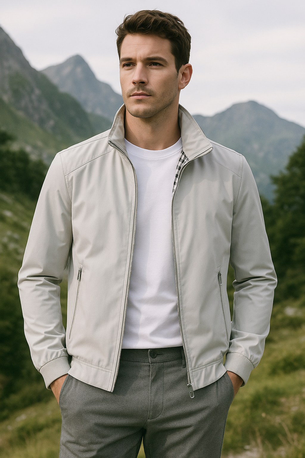 Man i khaki sommarjacka i ljus färg