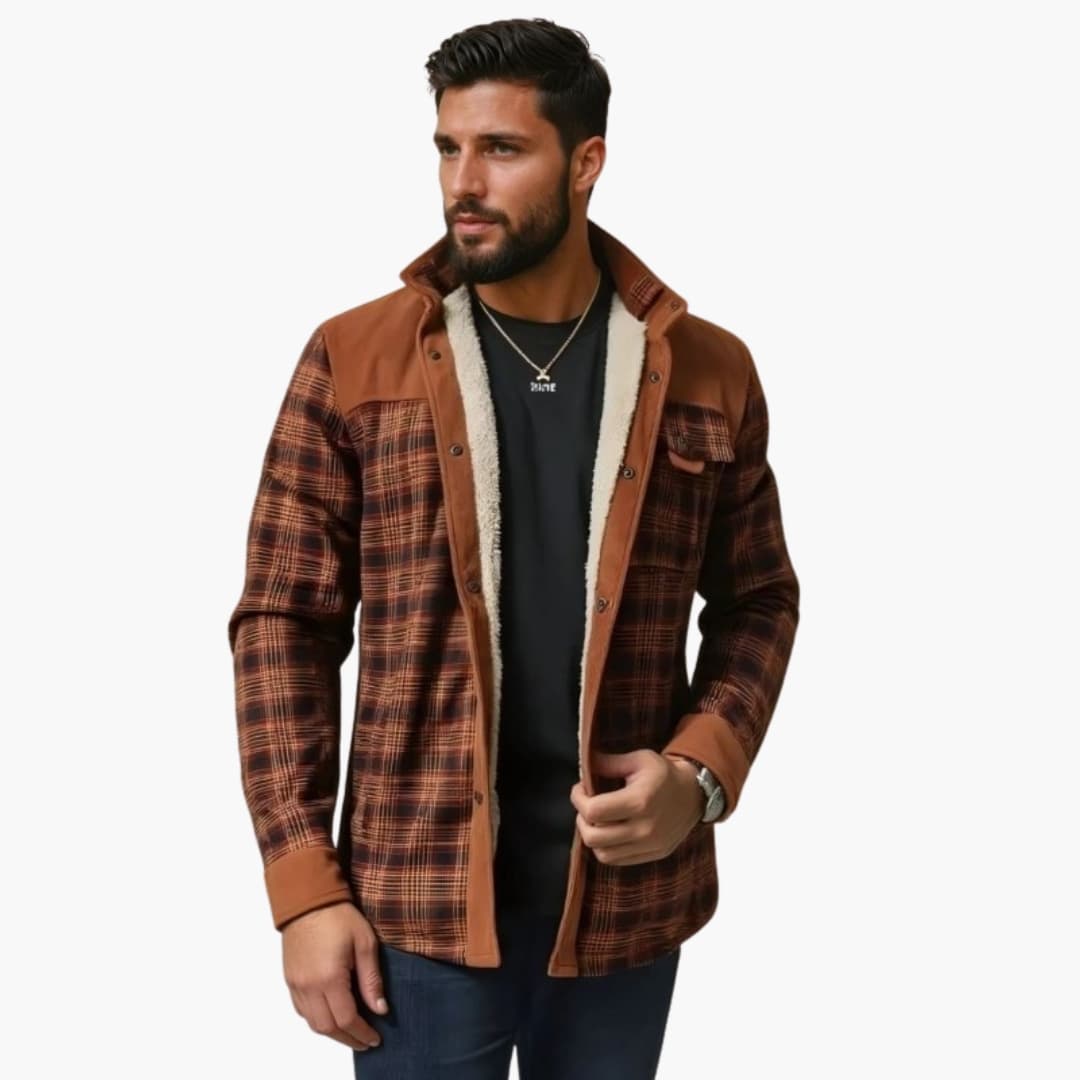 Stilren skjortjacka för herr i brun färg med ståkrage och raka linjer, perfekt för herrmode och vardagsstil.