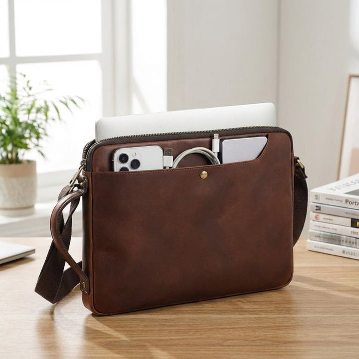 Stilren brun läder laptopväska för män. Perfekt för jobb, pendling och skyddar din MacBook med elegans.