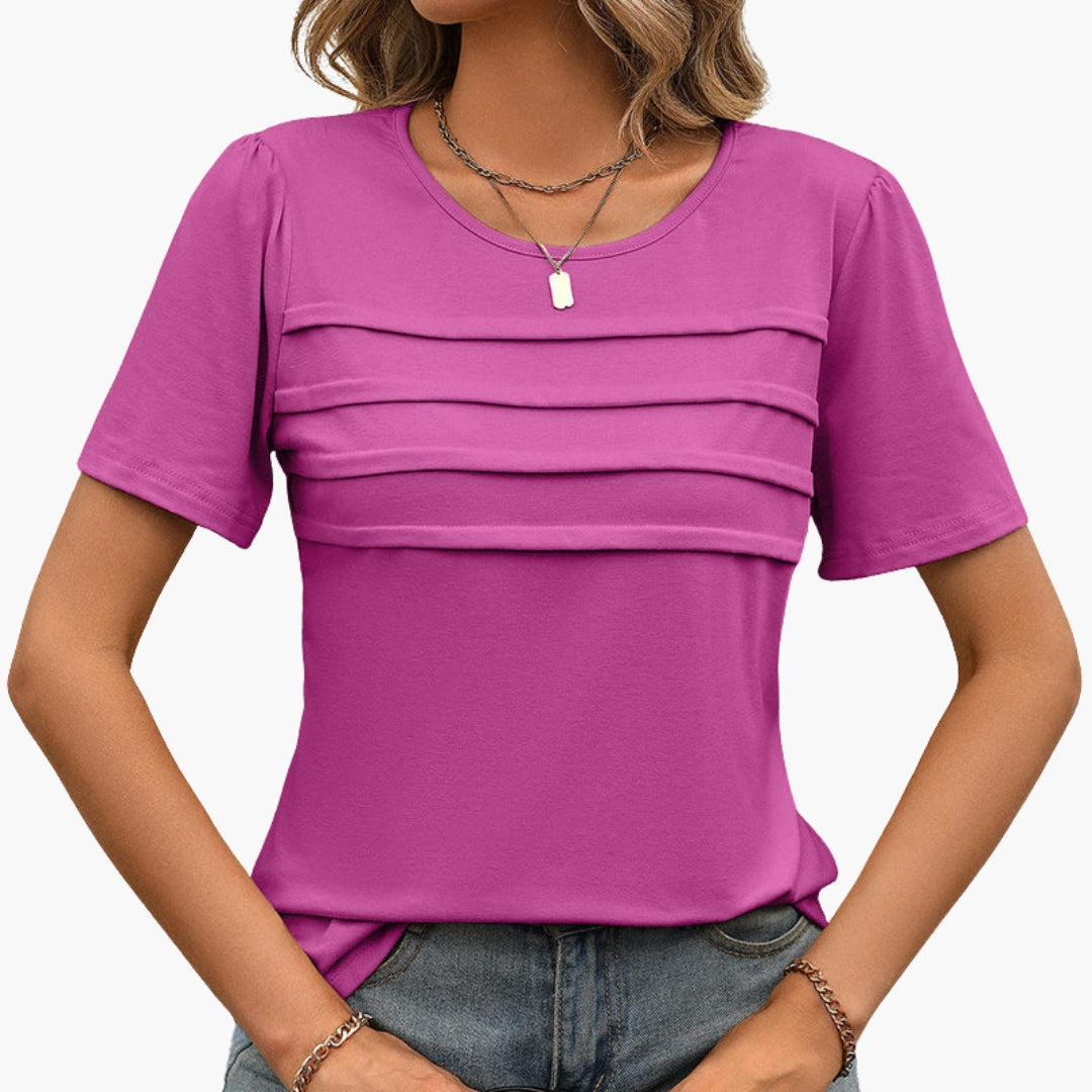 Elegant dam t-shirt med rund hals, kort ärm och distinkta frontpaneler. Idealisk vardagstopp för kvinnor.
