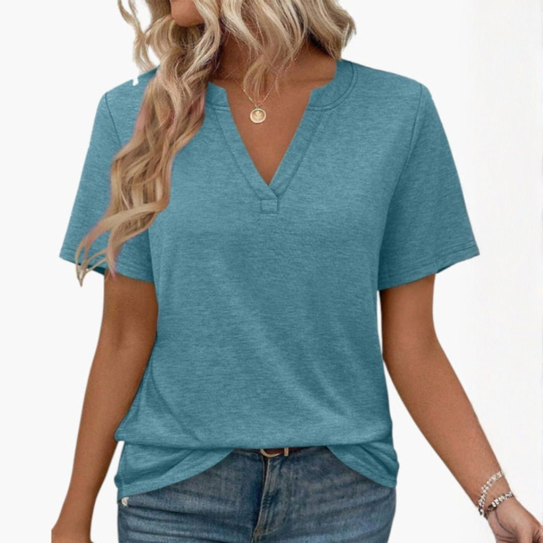 Mångsidig dam t-shirt med V-ringning, kortärmad sommartopp; en bekväm och stilren vardagsfavorit.