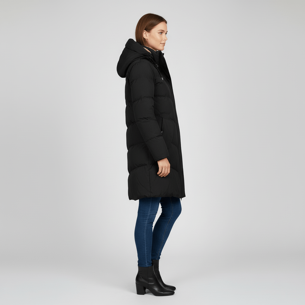 Figursydd damvinterjacka med huva, elegant design för optimal värme och komfort.