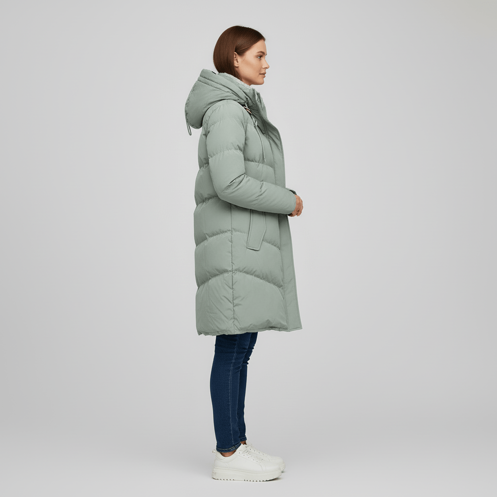 Modern damvinterkappa med huva, praktisk och trendig för vinterns mode.