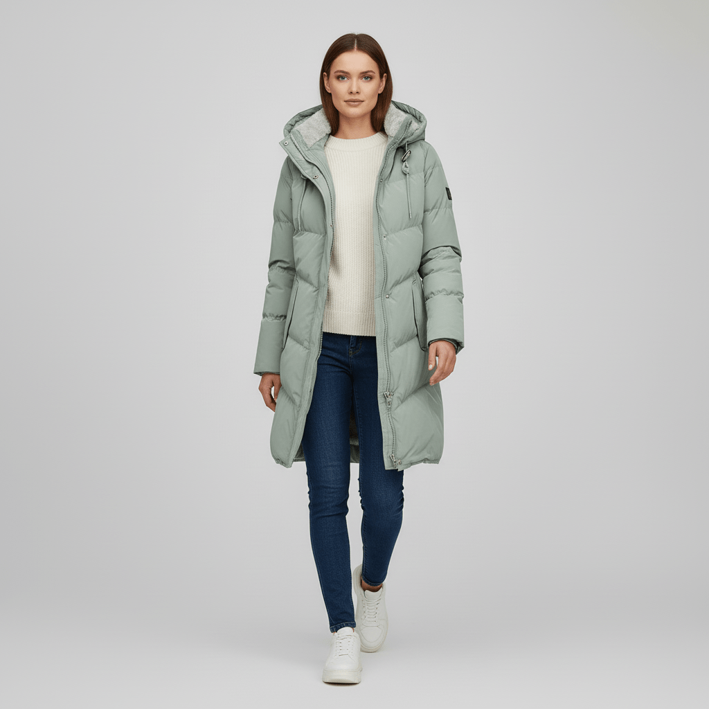 Damvinterparka med huva, tidlös stil och överlägsen värme för kalla temperaturer.