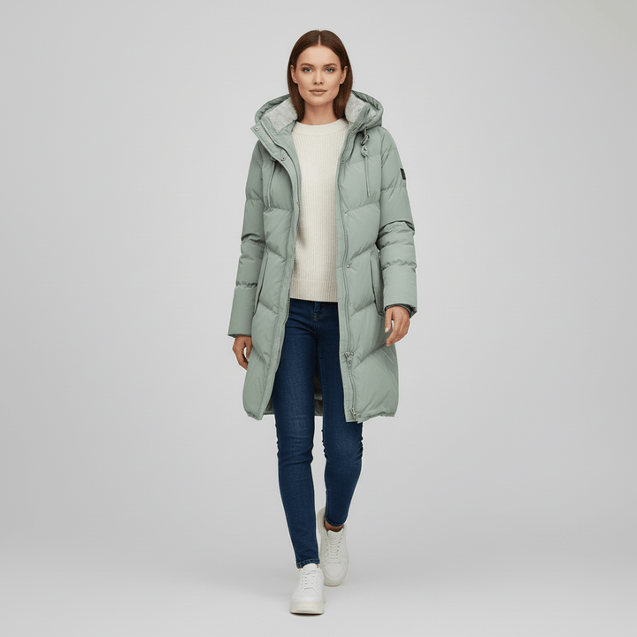 Damvinterparka med huva, tidlös stil och överlägsen värme för kalla temperaturer.