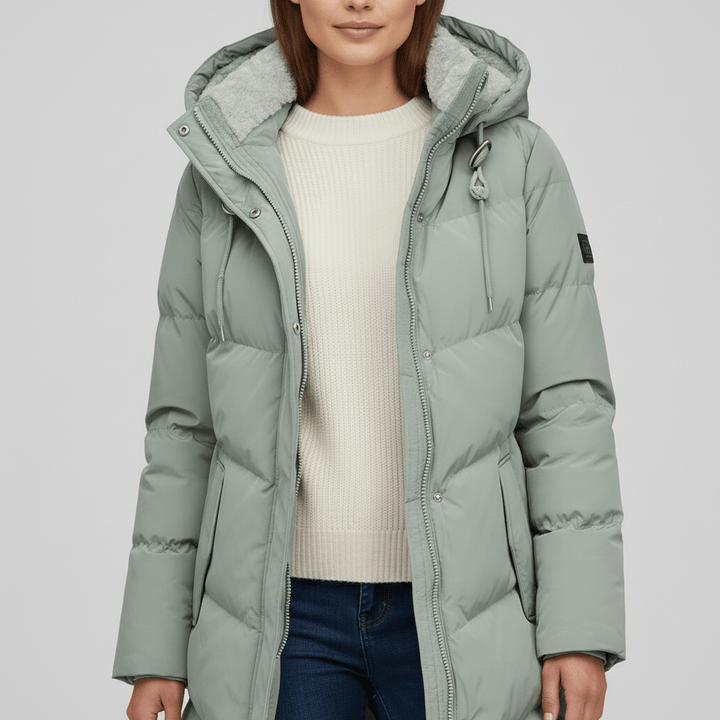 Chic damvinterkappa med huva, perfekt för en sofistikerad look under kalla månader.