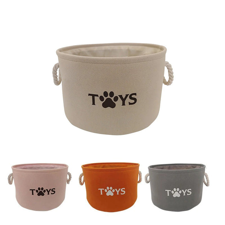 Stilren förvaringskorg i beige för hund- & kattleksaker. Perfekt organisering för djurhem, hopfällbar design.