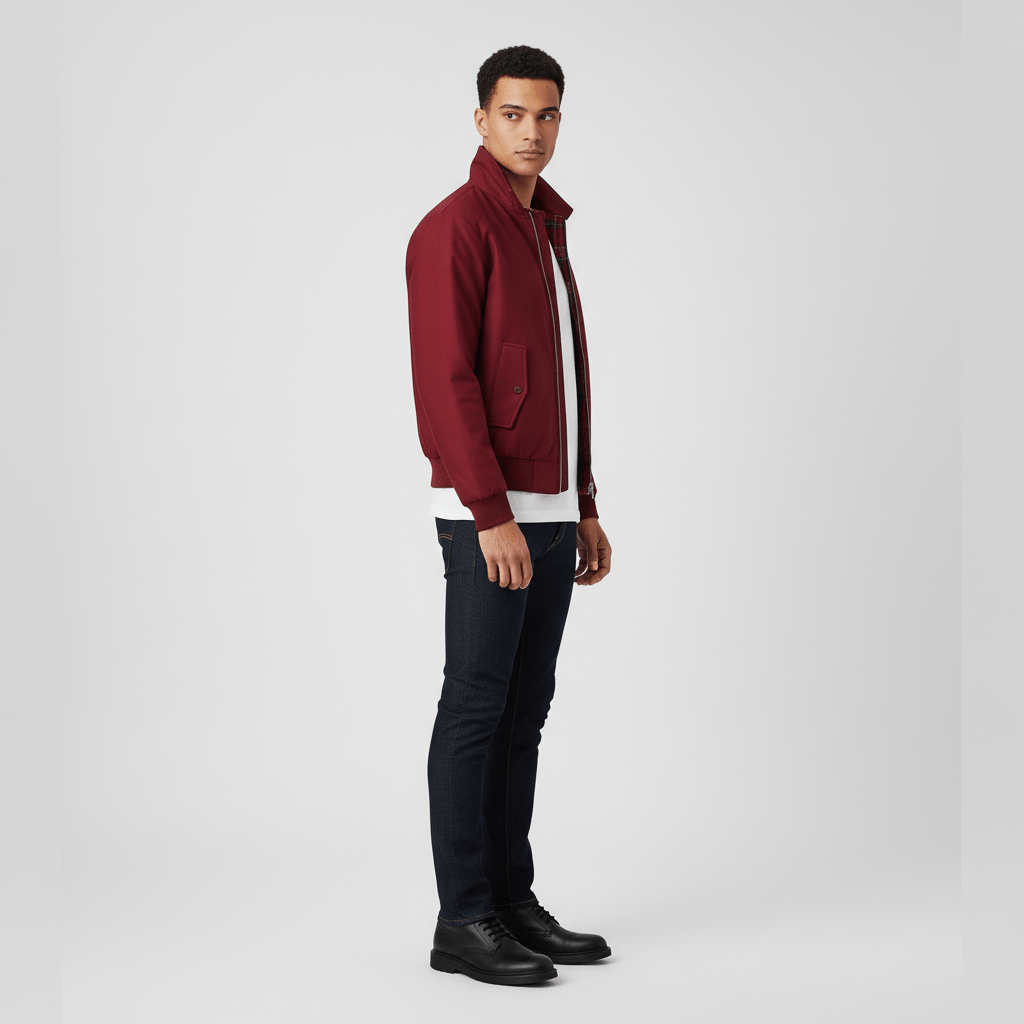 Vinröd figursydd Harringtonjacka för män, ett elegant ytterplagg för vår och höst. Snygg herrjacka.
