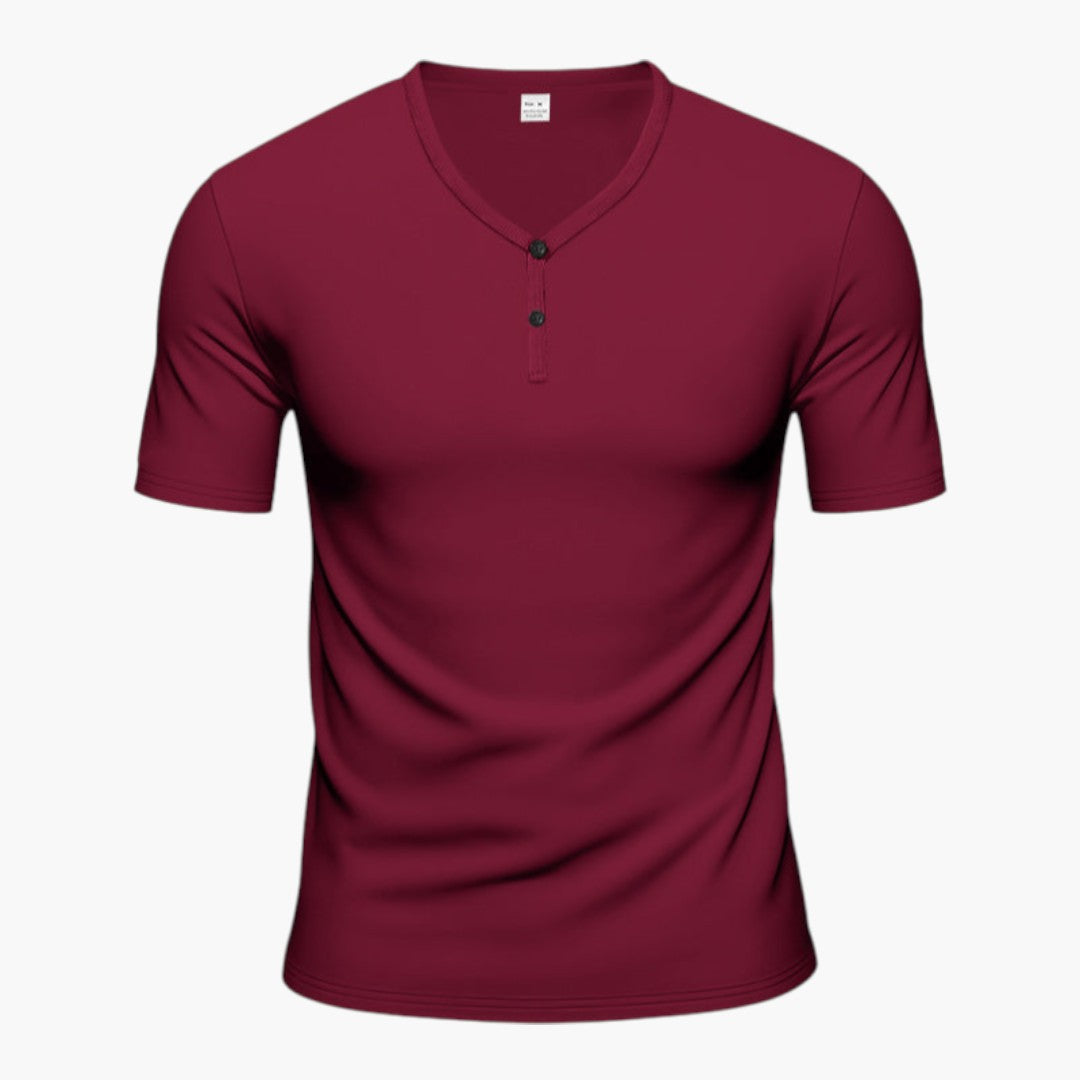 Bekväm V-ringad herr t-shirt med korta ärmar. Stilren design med knappslå, idealisk för sommar och casual.