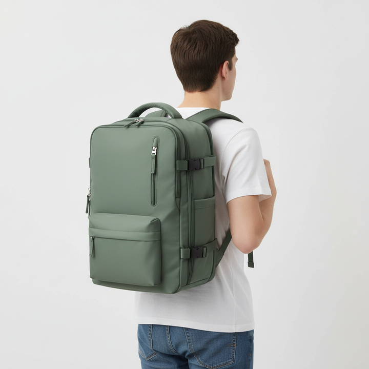 Svart multifunktionell datorväska, designad för enkel transport av laptop och tillbehör.