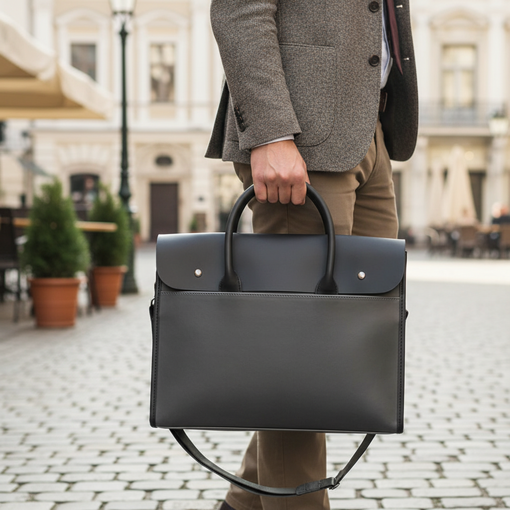 Stilren retro aktväska för herr laptop. Elegant design, perfekt för affärer och kontor.