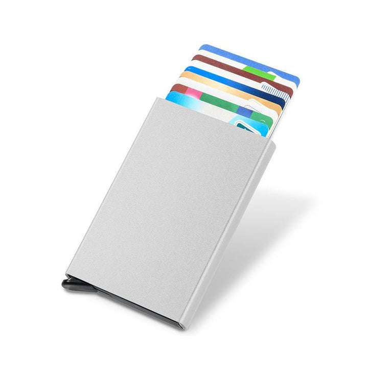 Stilren RFID-blockerande plånbok i aluminiumlegering, kompakt design, skyddar kort mot stöld. Finns i flera färger.