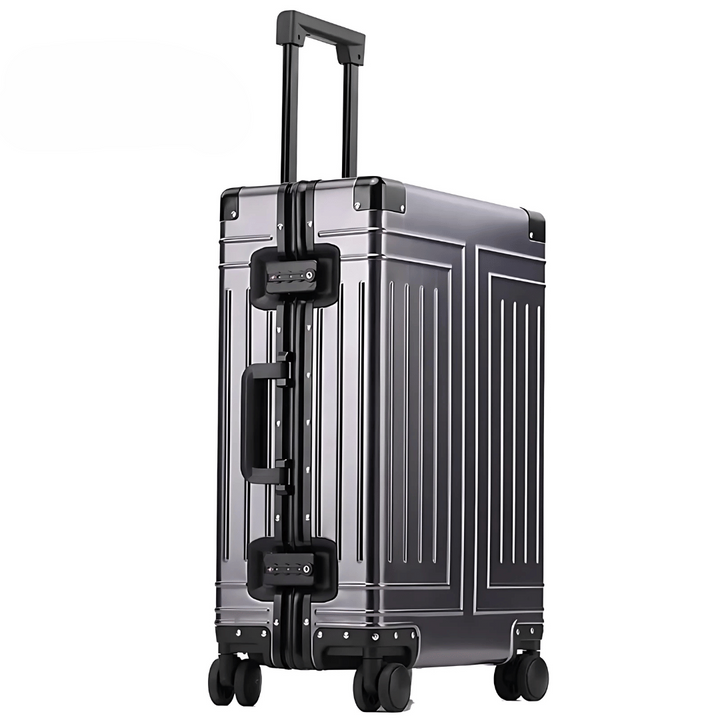 Premium unisex resväska med TSA-lås, tysta hjul & stilren silver/grå design.