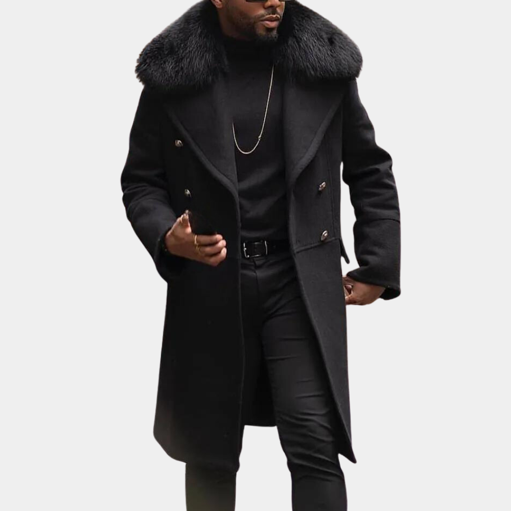 Närbild på detaljer av stilren svart vinterjacka. Varm och bekväm herrjacka, perfekt för höstmode.