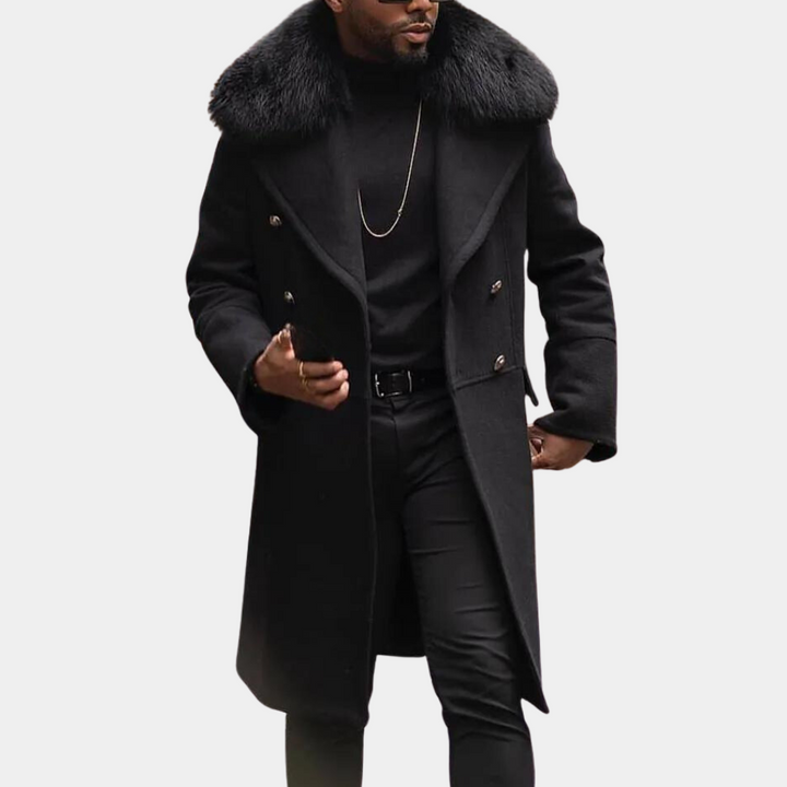 Närbild på detaljer av stilren svart vinterjacka. Varm och bekväm herrjacka, perfekt för höstmode.