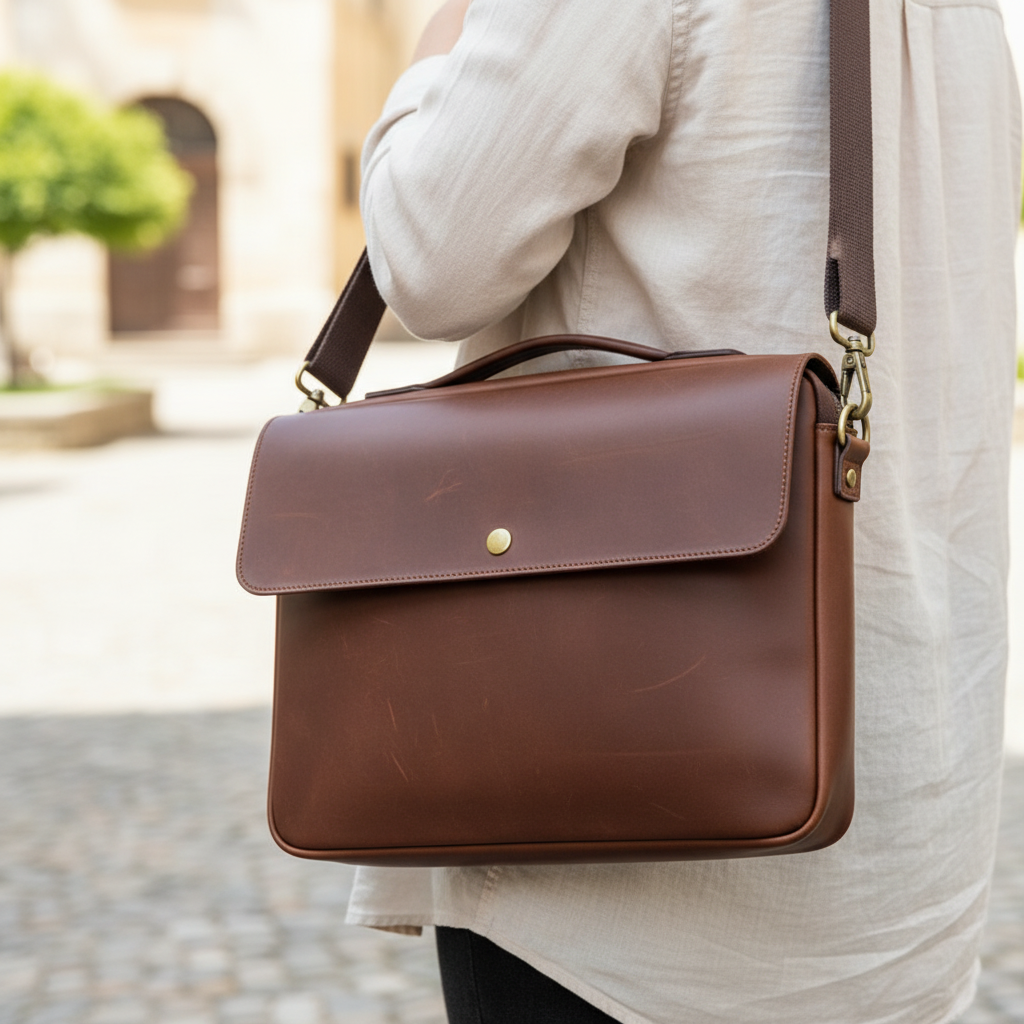 Stilren unisex laptopväska i brunt äkta läder för MacBook. Skyddande elegant datorväska med justerbar axelrem.
