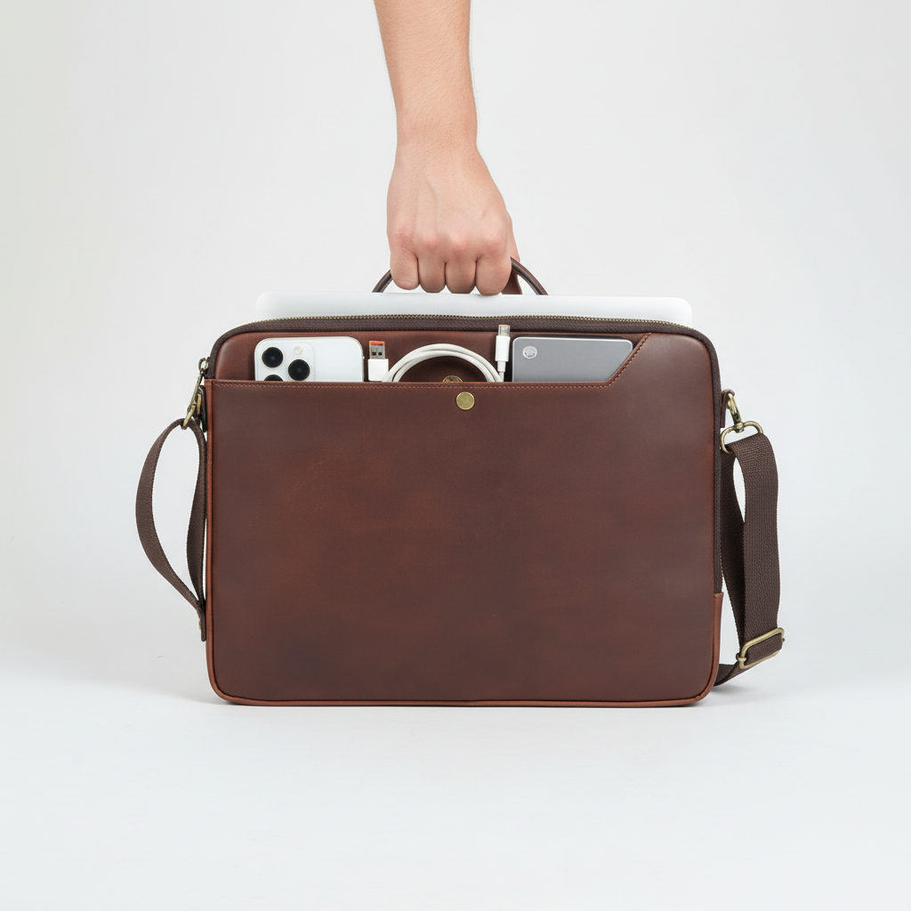 Elegant läder laptopväska för MacBook, jobb & skola. Unisex design, axelremsväska med praktisk mobilförvaring.