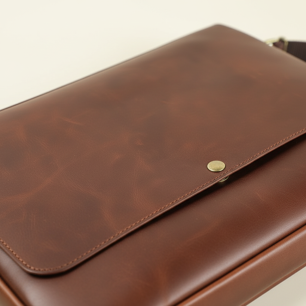 Skyddande svart läder messengerbag för MacBook. Stilren unisex datorväska, perfekt för kontor och resor.