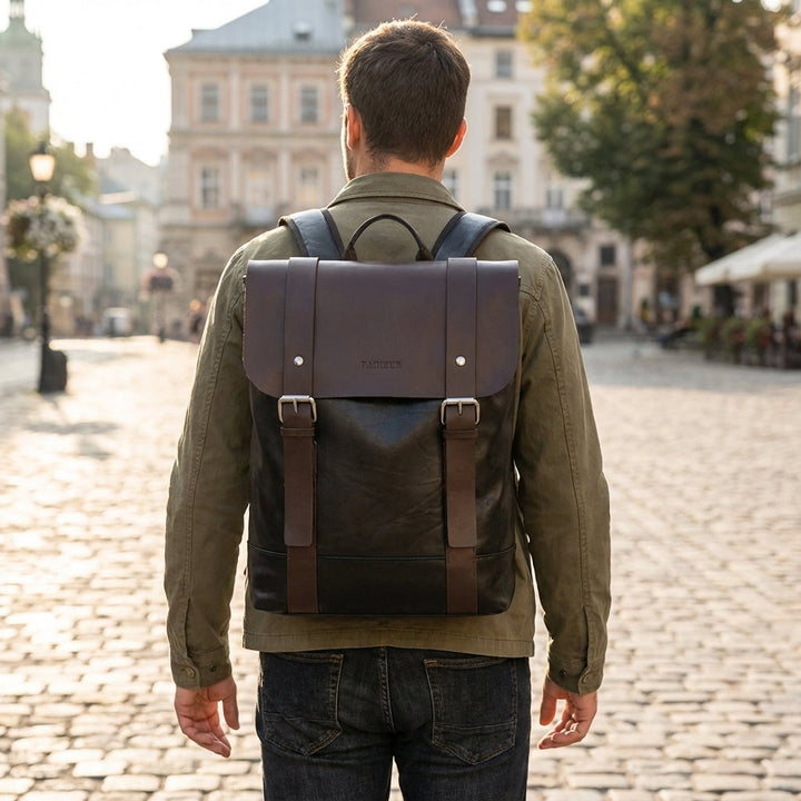 Stilren unisex vattentät läderryggsäck Velluno med laptopfack för arbete, skola och pendling.