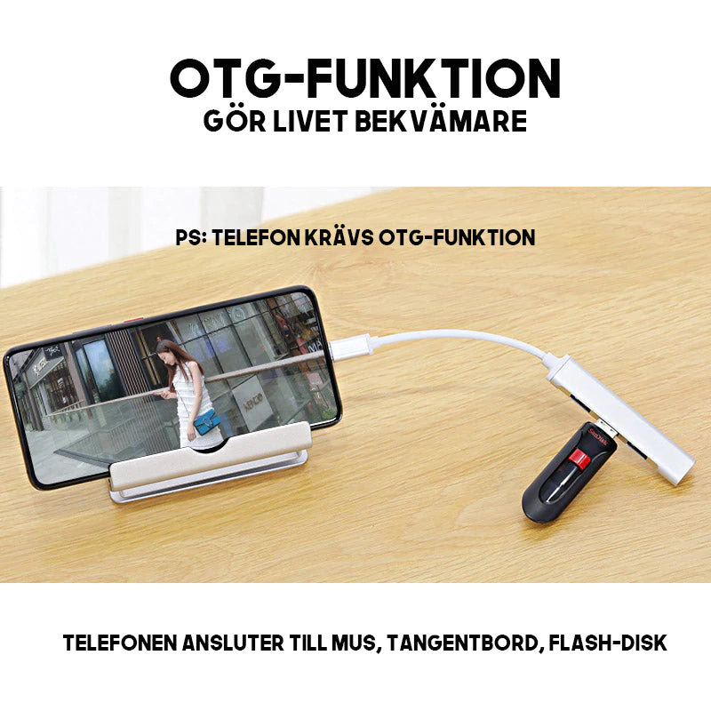 "Stilren USB Typ C HUB i silver med 4 portar för snabb anslutning och höghastighetsöverföring, kompakt och användarvänlig."