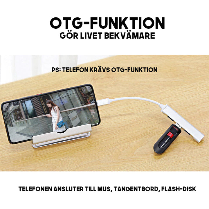 "Stilren USB Typ C HUB i silver med 4 portar för snabb anslutning och höghastighetsöverföring, kompakt och användarvänlig."